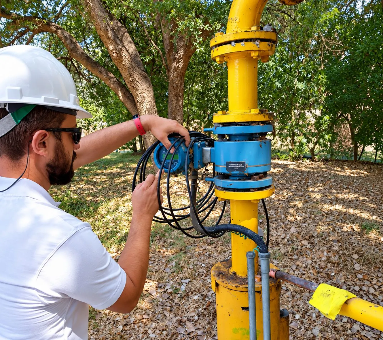 Técnico integrando un caudalímetro en un pozo